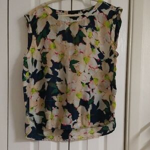 J. Crew Floral Print Sleeveless Blouse - Navy and Green, With Pink Flowers